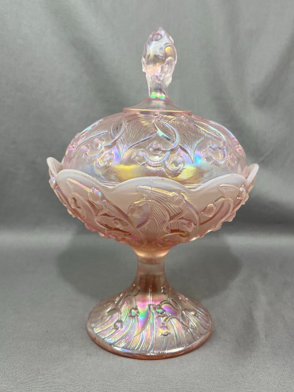 Vtg Fenton Lily Of The Valley Art Glass Pink Opalescent Carnival Iridescent Lid - Picture 9 of 16